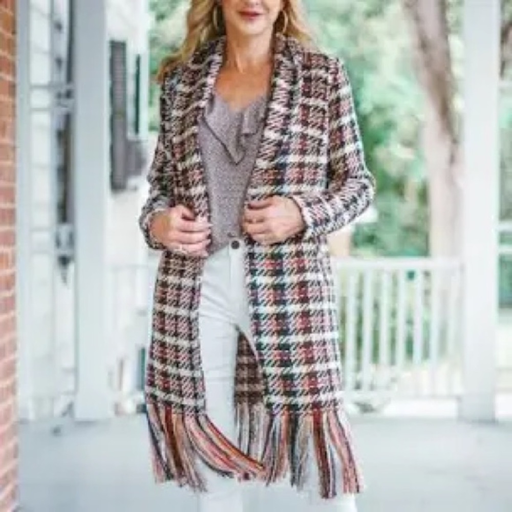 Cabi Regency coat with hem fringe one button close. Tweedy fabric